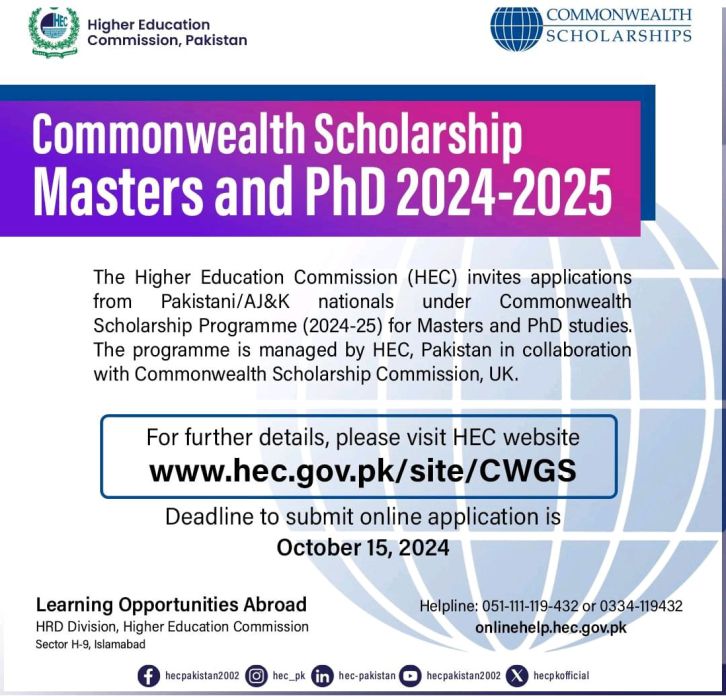 Masters and PhDs Scholarships for Pakistani Scholars