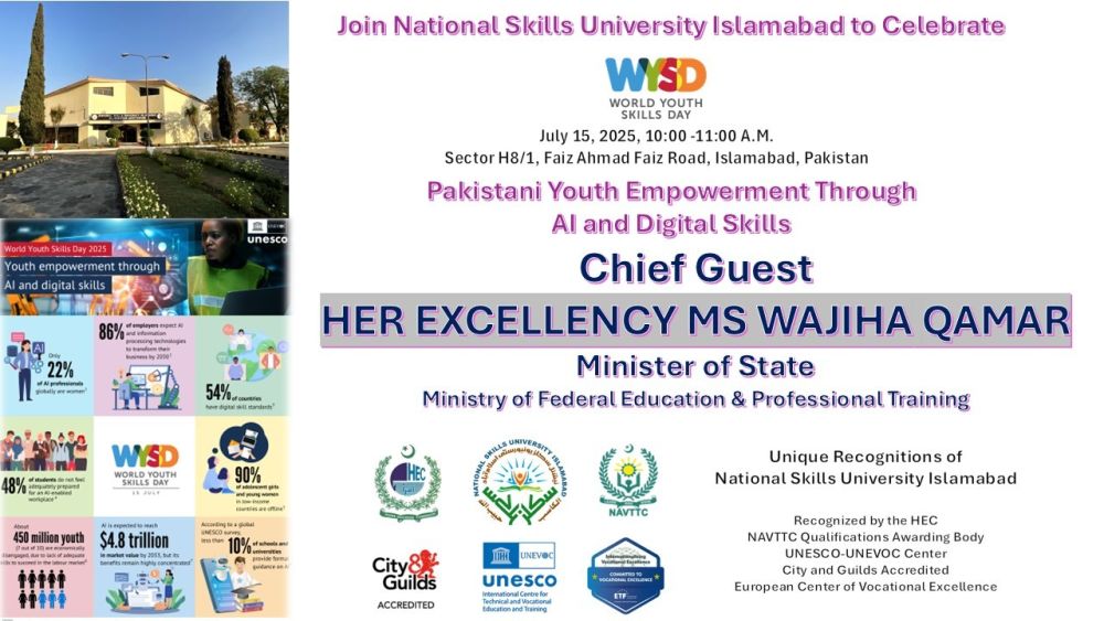 156/25 NSU Will Host World Youth Skills Day 2025 Celebration with Ms. Wajiha Qamar, Minister of State, as the Keynote Speaker